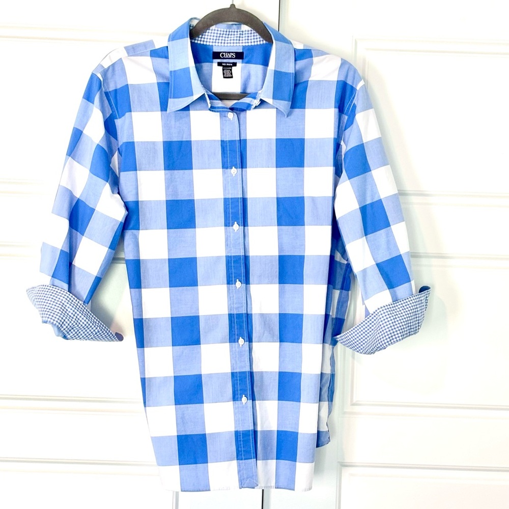 Chaps No-Iron 3/4 Sleeve Women’s Blue & White Plaid Shirt